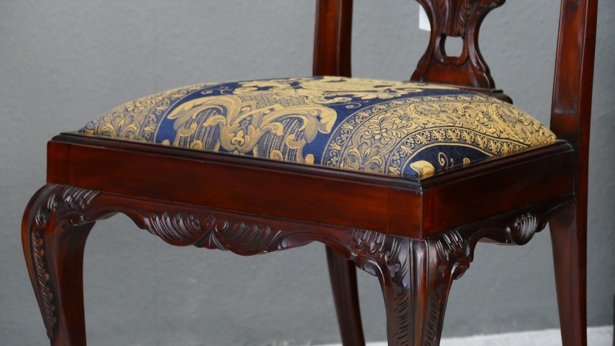 Stuhl Stühle Mahagoni Chippendale Stil brown Walnuss Bezug Blue BenHur