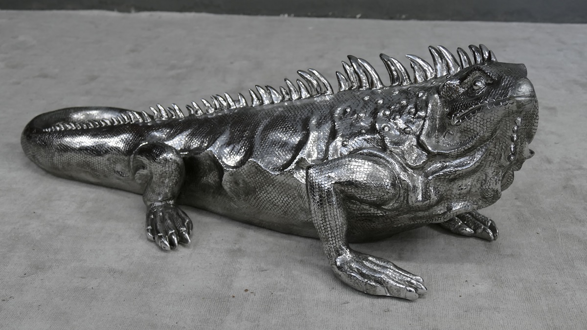 Dekofigur grosser Varan antiksilber beschichtet Länge 95 cm