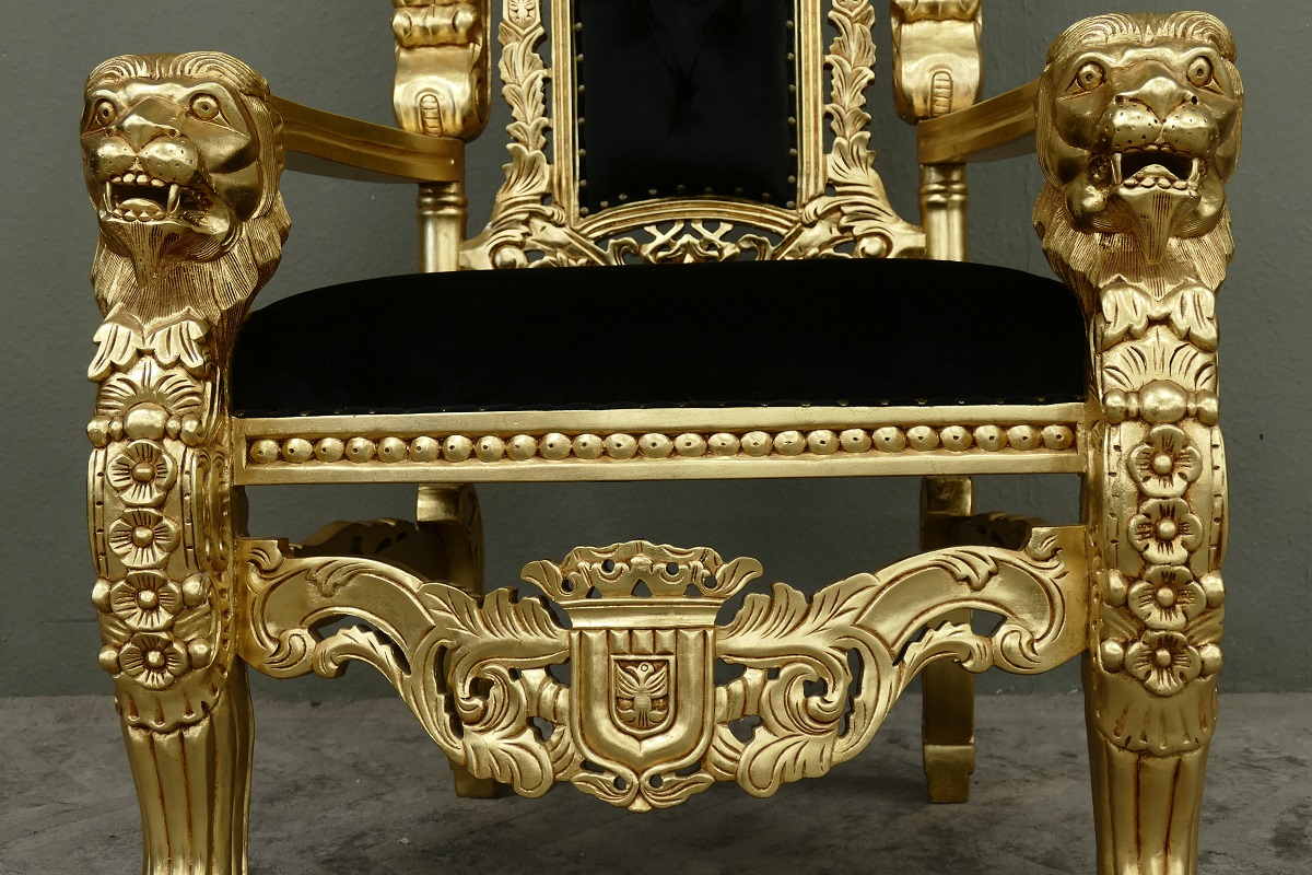 Dekorativer Thron Thronstuhl Sessel Mahagoni Gold Samt schwarz
