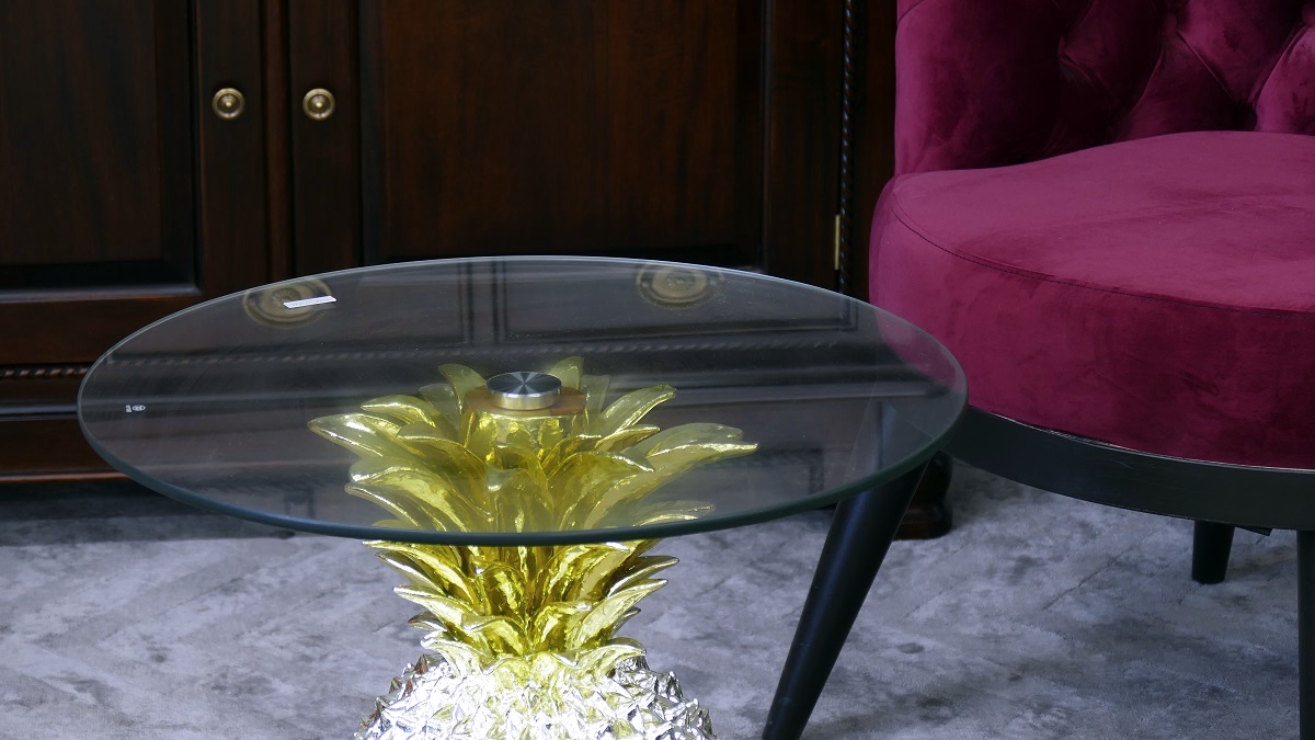 Designer Tisch Ananas Gold Glasplatte neu