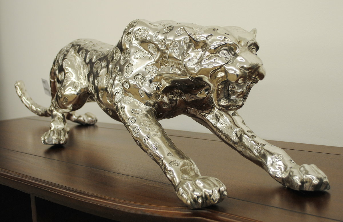 Dekofigur grosser springender Gepard antiksilber beschichtet Länge 145 cm-Copy