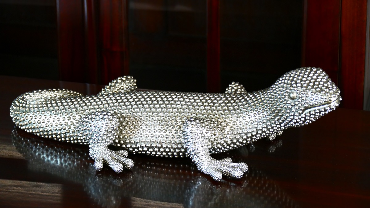Dekofigur Gecko antiksilber beschichtet Länge 50 cm