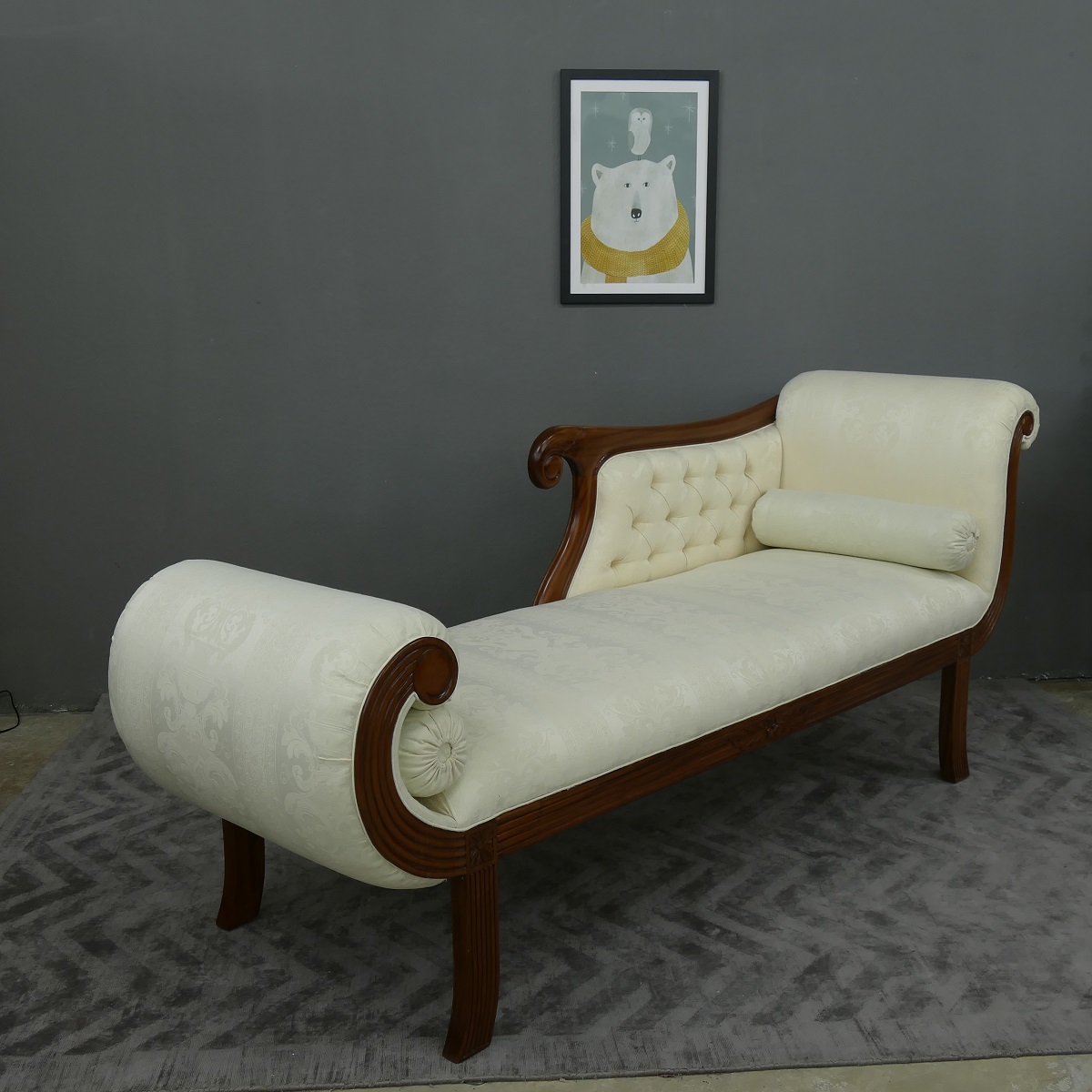 Edle Couch Recamiere Ottomane im Antikdesign Mahagoni lightbrown Walnuss, Textil