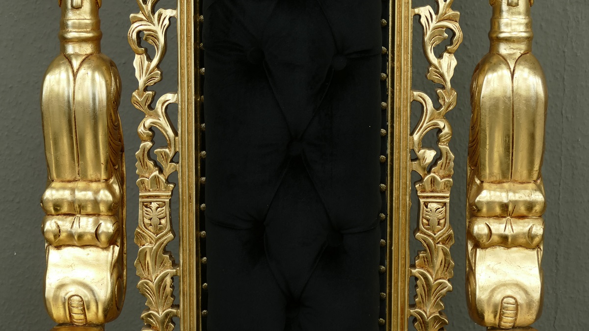 Dekorativer Thron Thronstuhl Sessel Mahagoni Gold Samt schwarz
