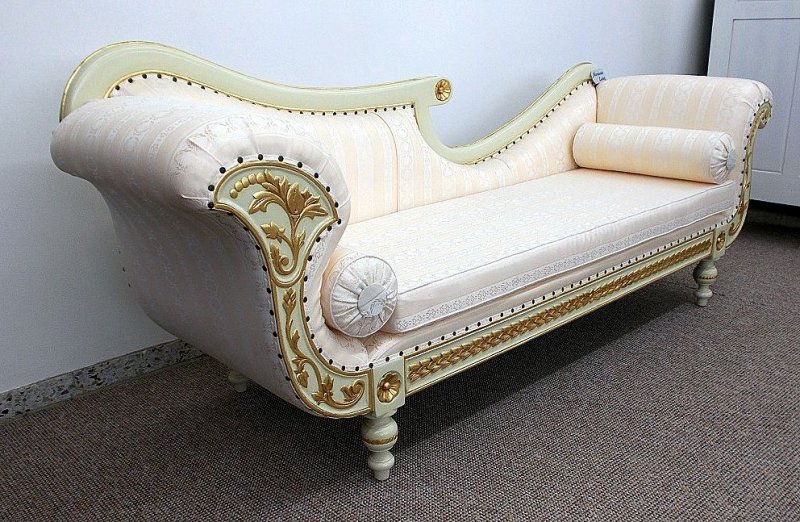 Ottomane Couch Recamiere massiv Mahagoni cream gold  Stoff textil hell